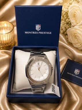 Montres Prestige Men's Silver Stainless Steel Watch with White Dial